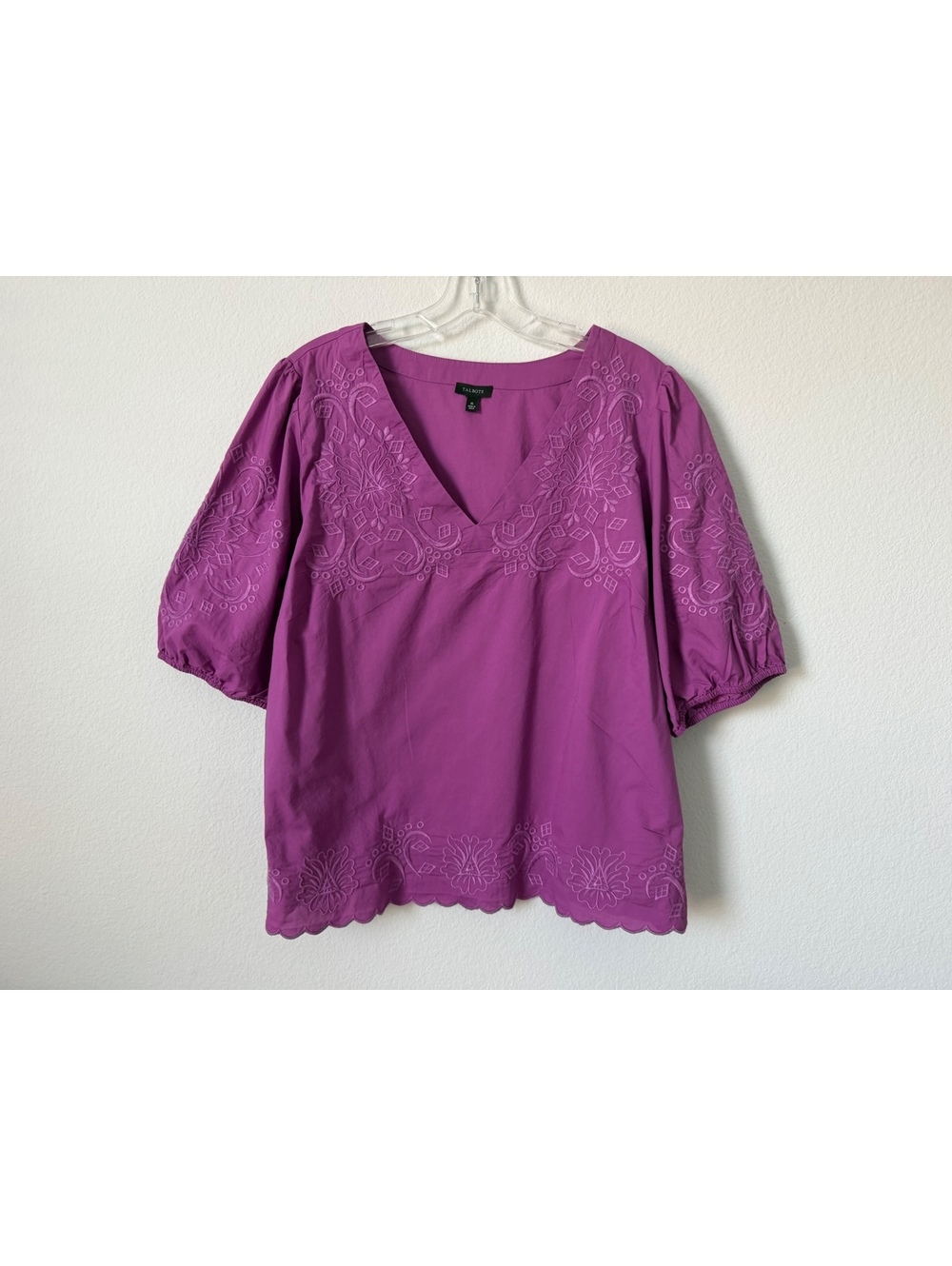 Talbots Short Sleeve VNeck Purple Floral Embroidered Cotton Blend Blouse Size XL